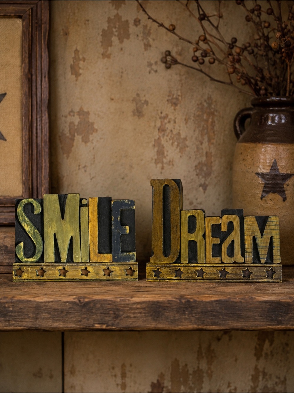 Primitives by Kathy Tim Gay SMILE DREAM Wood Signs Set of 2 Primitive Folk Art
